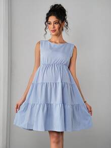 Momance Striped V-Back Cropped Elegant Bow Tie Maternity Dress - Blue - View 3