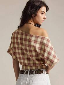 Easelle 2026 Women's Plaid Batwing Sleeve Casual Loose Top, Red Off-Shoulder Plaid Blouse, Red Short Sleeve Retro Top - Red - View 2