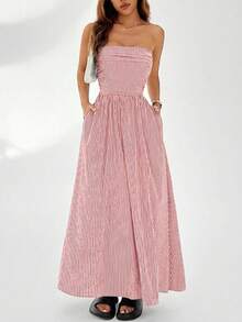 SHEIN EZwear Đầm quây eo kẻ sọc kiểu dáng thường ngày dành cho nữ, mùa hè. - Đỏ - Xem 6