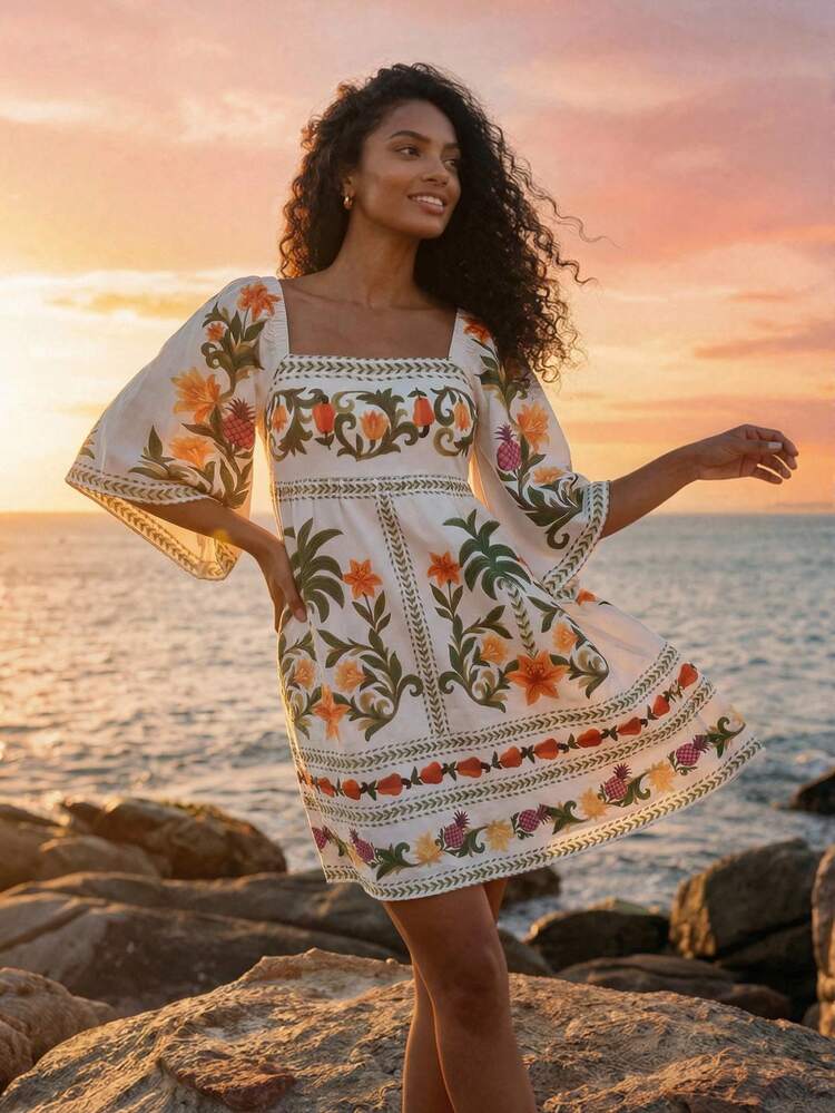 CAJUNI Chic Women's White A Line Short Dress With Square Neckline And Three Quarter Bell Sleeves Tropical Floral Design,Tropical Vacation Cute Short Dress - Beige - View 5