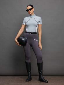 Activina Women's Contrast Zipper Partial Placket Short Sleeve Equestrian Top - Grey - View 3