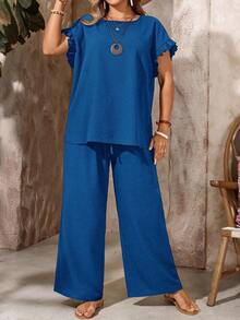 EMERY ROSE Conjunto de blusa con mangas de pétalos en los hombros y dobladillo con volantes, y pantalones con cintura elástica, color negro, conjunto casual bohemio adecuado para /verano, talla grande - azul real - Ver 5