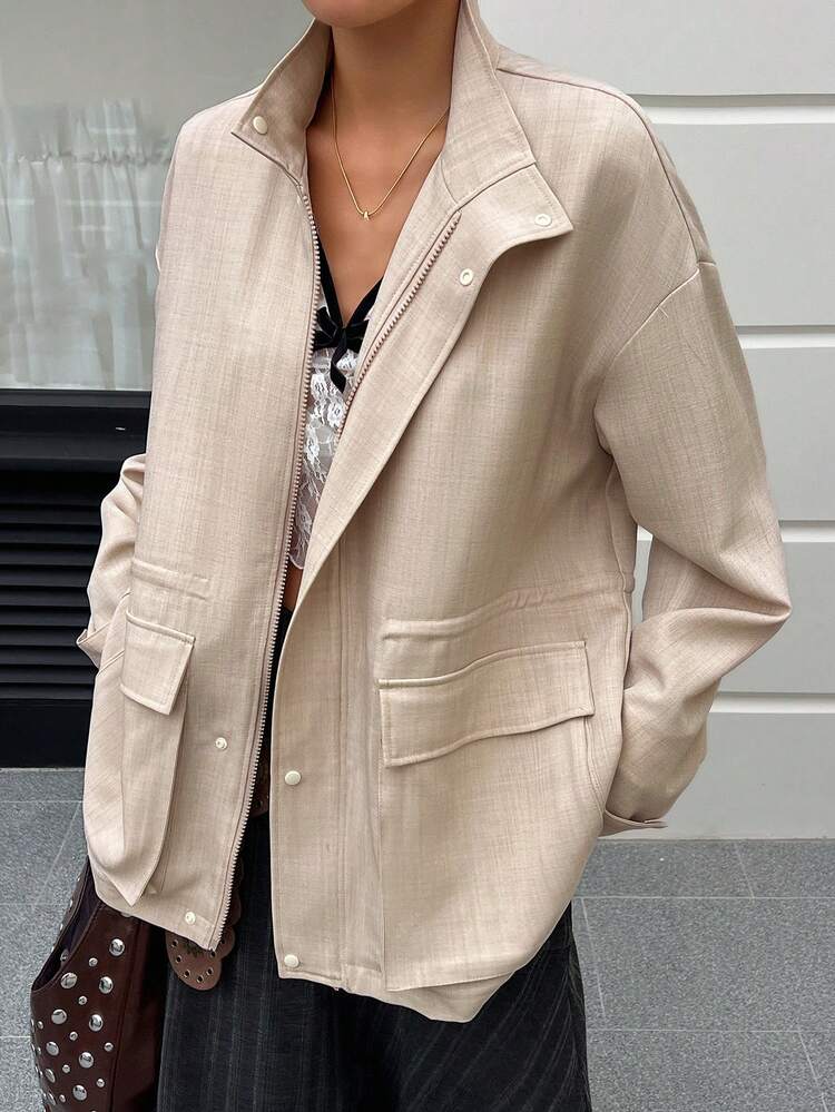 Women's Light Beige Long Sleeve Jacket,Autumn Everyday Casual Sweet Girl Literary Style Big Pocket Loose Relaxed Vacation Fashionable Street Outdoor