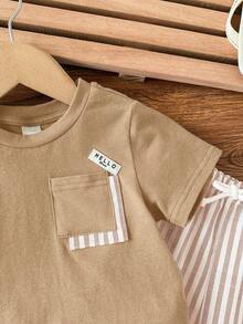 男婴可爱休闲针织拼接短袖T恤和条纹松紧腰短裤套装 - 卡其色 - 查看 5