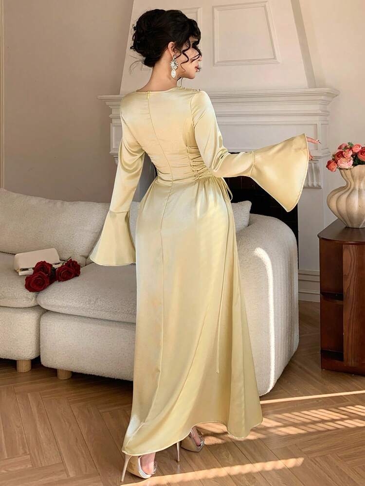 Women's Solid Color Lace-Up Waist Long Sleeve Dress Sundress