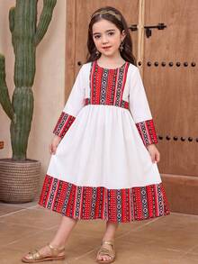 Young Girl Long Sleeve Ivory White Dress,Autumn Retro Print Patchwork Middle Eastern Kids Arabic Elegant Party Long Dresses,Family Matching Outfits - White - View 1