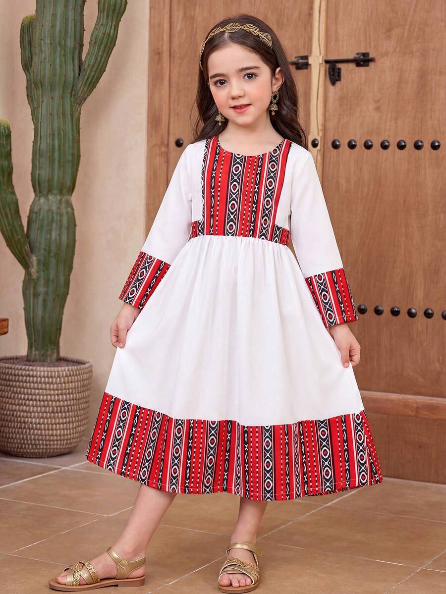 Young Girl Long Sleeve Ivory White Dress,Autumn Retro Print Patchwork Middle Eastern Kids Arabic Elegant Party Long Dresses,Family Matching Outfits - White - View 1