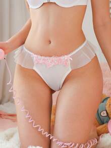 女士性感内裤，甜美可爱刺绣拼接网纱荷叶边丁字裤 - 白色 - 查看 5