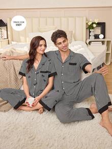 SHEIN Black & White Striped Contrast Trim Short Sleeve & Pants Men's Pajama Set - Black - View 1