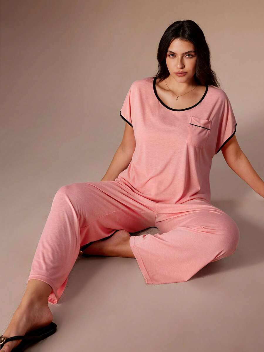 Lazeform Set de pijamale tricotate, casual, fără spate, minimalist, sexy, cu mânecă scurtă, mărime plus, poate fi purtat ca îmbrăcăminte exterioară - Roz - Vizualizare 1