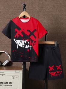 SHEIN Tween Boy Patchwork Color Round Neck Short Sleeve T-Shirt And Shorts Casual Daily Outfit Set - Multicolor - View 4