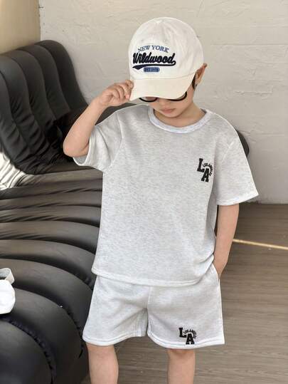 2pcs Boys' Knit Letter Print T-Shirt And Shorts Set, Casual Suitable For Commuting, School, Daily Wear, Sports, Summer
