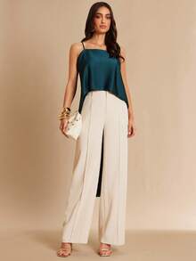 Silquee 纯色橄榄绿细肩带露背优雅性感成熟女士吊带背心，适合浪漫约会、郊游、海滩度假、通勤、新年、圣诞节、情人节、日常穿着。 - 墨綠色 - 查看 2