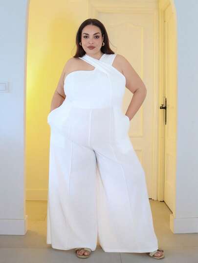 Pretty and Ole Plus Size Women's Summer Loose Halter Pockets Wide Leg Jumpsuit