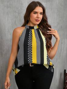 SHEIN Clasi Plus Size Women Polka Dot & Striped Casual Fashion Halter Shirt - Light Yellow - View 3