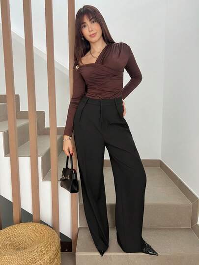 Hitanina Women's Minimalist Fashion Dark Coffee Oversized Wide Leg Pants, Commuter Trousers Brown Wide Leg Pants For Women High Waisted Wide Leg Pants Brown Suit Pants In Fall/Winter High Waisted Pants Pleated Pants Women Wide Leg Pants Black Dress Pants,Fall,Fall Clothes For Women