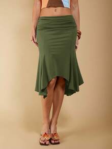 Women's Elegant Asymmetrical Ruched Brown Skirt, Suitable For Spring And Summer - Army Green - View 7