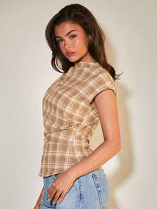 COSMINA 女士衬衫，立领褶裥设计，优雅的办公服饰，百搭时尚单品，适合工作、休闲外出、派对等场合，棕色格子图案 - 卡其色 - 查看 5