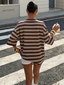 Muchica Women's Brown Striped Loose Fit Short Sleeve T-Shirt, Summer New Arrival - Brown - View 2