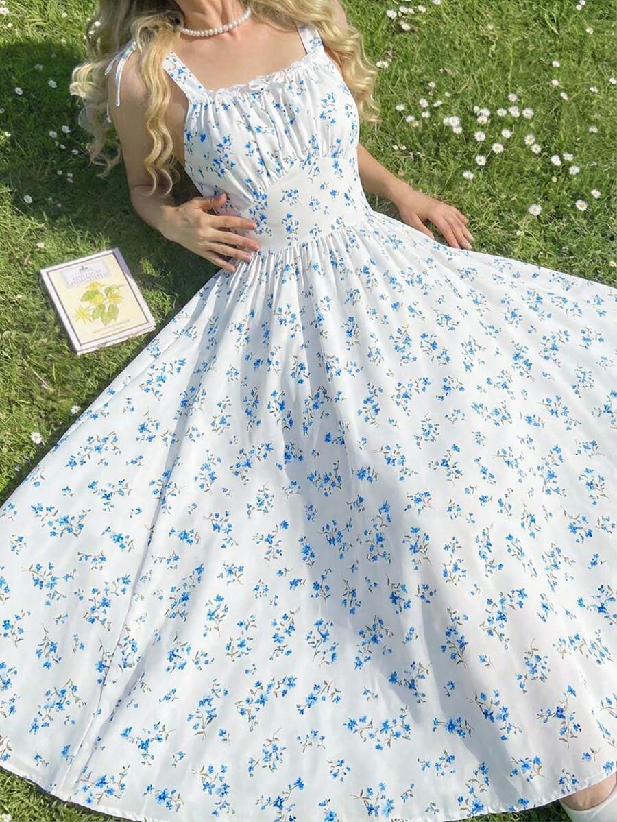 Teen Girls' White Pastel Floral Sundress,Square Neck Adjustable Spaghetti Straps Ruched Bodice Flowy Midi Skirt,Summer Vacation Wedding Guest Holiday - Multicolor - View 1