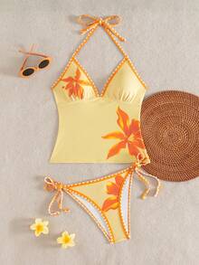 Swim Mod Women's Summer Vacation Casual Beach Wear Yellow Tropical Floral Print Bikini Two Pieces Swimsuit Set With Halter Neck Tie And Ruffle Trim - Multicolor - View 5