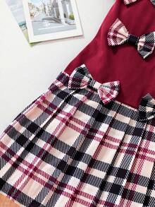 1pc Young Girl's Pleated Dress,Burgundy Summer Princess Plaid Patchwork Outfit With 3D Bow,7th Birthday Back-To-School Short Sleeve Casual Clothes - Burgundy - View 6