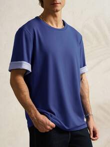 INAWLY Camiseta de manga corta con cuello redondo, de estilo casual y con rayas y parches para hombre - Azul - Ver 2