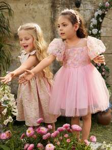 Glamorique Kids 女童花朵花童礼服，3D花瓣袖粉色薄纱公主裙，优雅适合派对、婚礼、庆典 - 粉色 - 查看 11