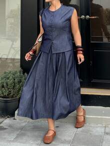 Dazy Plus Plus Size Summer Casual Front Button Blouse And Pleated Skirt 2 Pieces Set - Navy Blue - View 8