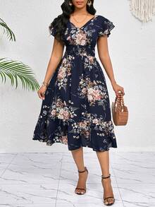 SHEIN Lady Petite Vestido midi con estampado floral, volantes, pliegues en el bajo, cinturón - Vestido casual elegante para fiestas, eventos, oficina, vacaciones, té, verano para mujer - Azul y blanco - Ver 6