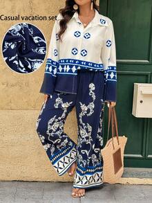 Breezaya Plus Size Long Sleeve Loose Versatile Retro Casual Printed Suit - Multicolor - View 1