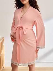 BloomMama Maternity Lace Sleeve & Tie Waist Robe - Dusty Pink - View 4