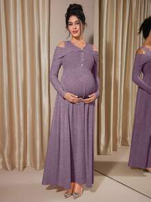 Momance 插肩袖纽扣前襟罗纹A字中长连衣裙，春秋季 - 紫色 - 查看 5