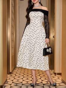 Modelyn 女士春夏针织黑色蕾丝长袖露肩拼接杏色波点提花腰部A字优雅连衣裙 - 杏色 - 查看 4