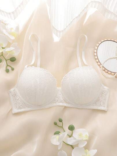 White Wedding Season Lace Patchwork Underwire Bra, High Support, Lift & Gather, Elegant & Graceful Ladies Lingerie