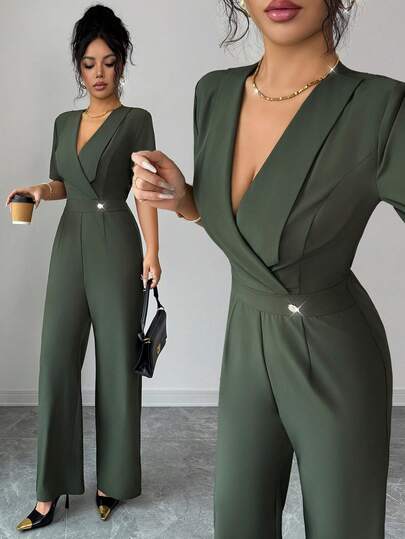 SHEIN Elenzya Women's Minimalist Solid Color Crossed Collar Short Sleeve Jumpsuit, Suitable For Commuting, Summer