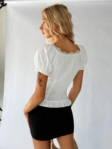 SHEIN Unity بلوزة قطنية مريحة بتصميم أنيق بتطريز دانتيل ذات لون أحادي للنساء - أبيض - مشاهدة 2