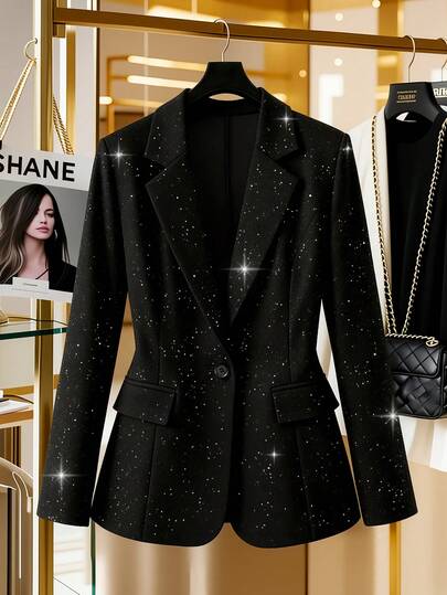 GlowEve CURVE Plus Size Women's Fashion Business Commute Jacket, Decorated With Silver Sequins, Lapel Collar, Decorative Buttons
