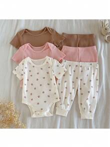 Loomiva Newborn Baby 6pcs Set, Heart Pattern Knitted Soft Round Neck Long Sleeve Romper & Elastic Waist Pants - Pink - View 5