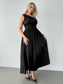 Auralis Plus Size Black Summer Elegant Formal One Shoulder Ruched Maxi Dress,Women's Asymmetrical Flared Hem Mermaid Style Wedding Guest Party Dress - Black - View 7