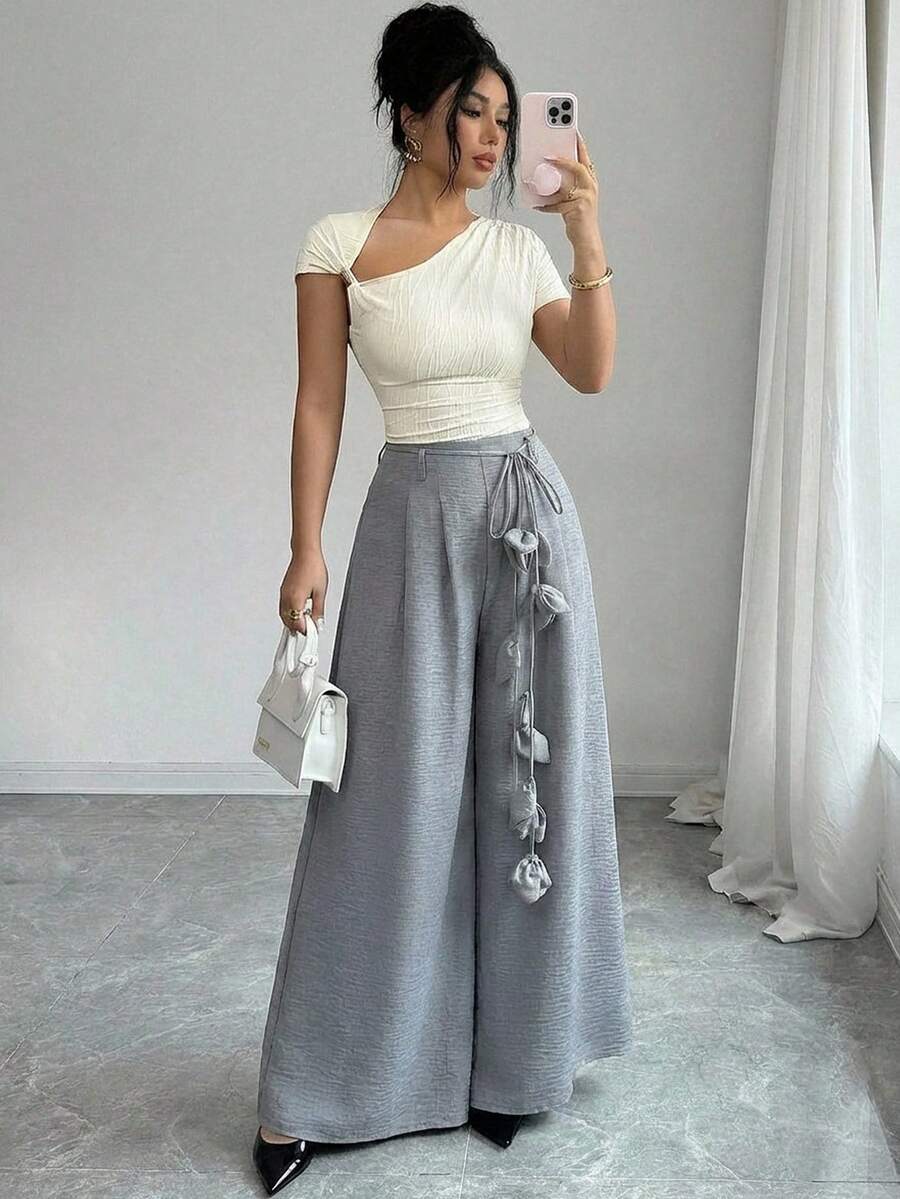Modelyn Light Gray Wide‑Leg Palazzo Pants For Women,3D Floral Belt Decoration, High‑Waist Flowing Trousers With Adjustable Tie Detail - Effortless Minimalist Chic For Workwear, Casual Days, Travel, Brunch & Modern City Style,Women's Solid Color Elegant Belted Wide Leg Pants, Suitable For Commuting Palazzo Pants Women Women Wide Leg Pants Wide Leg Summer Pants Ruffle Pants - Grey - View 1