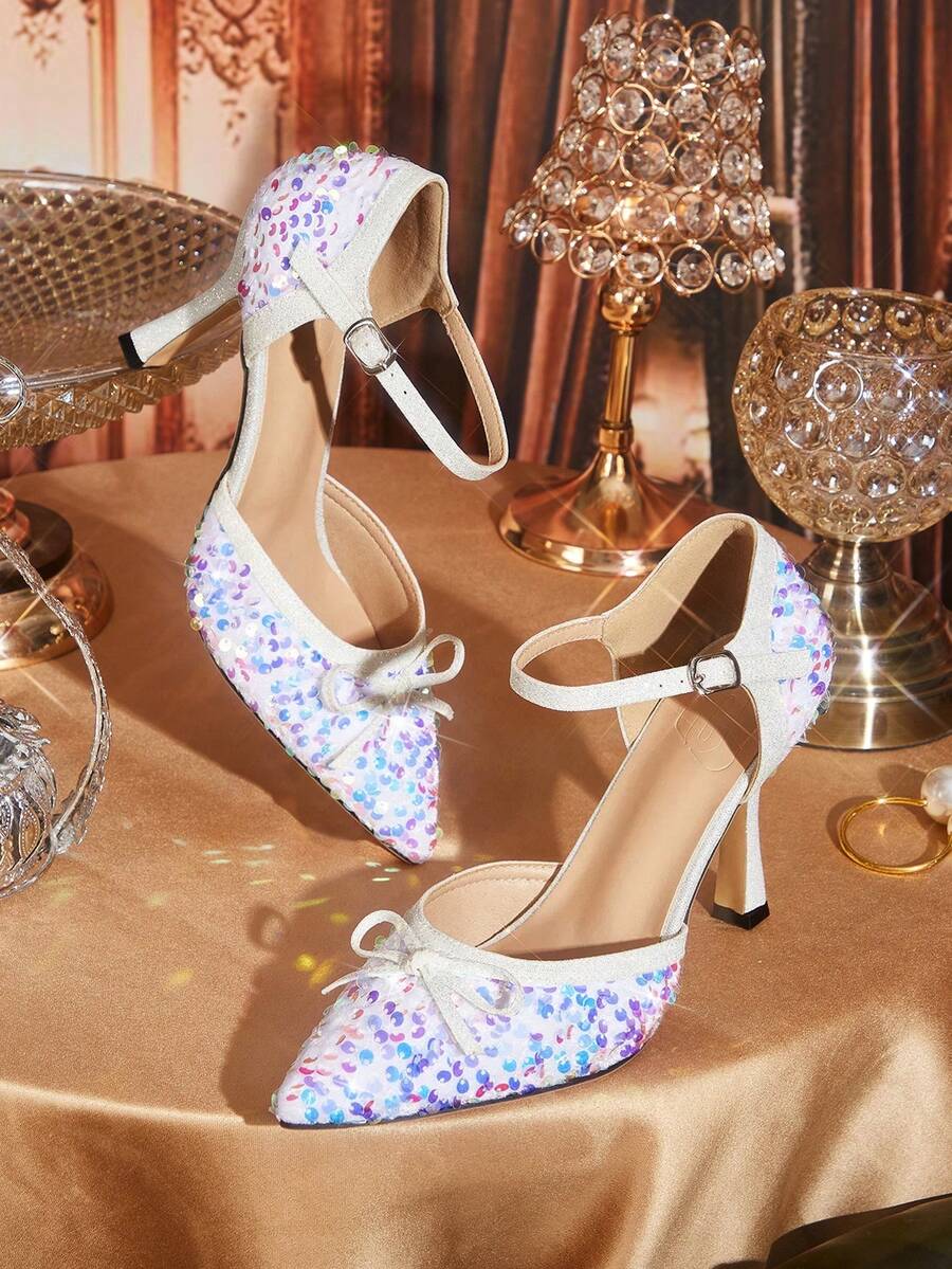 CUCCOO TILAWA 优雅女士尖头镂空绑带细高跟鞋 - 时尚性感优雅百搭女士高跟鞋 - 适合婚礼、晚宴、派对和舞会 - 銀色 - 查看 1