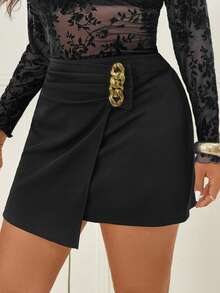 SHEIN Clasi CURVE Plus Size Women's Asymmetrical A-Line Skirt With Chain Decor  For Wedding,Party,Valentine's Day,Spring,Summer - Black - View 4