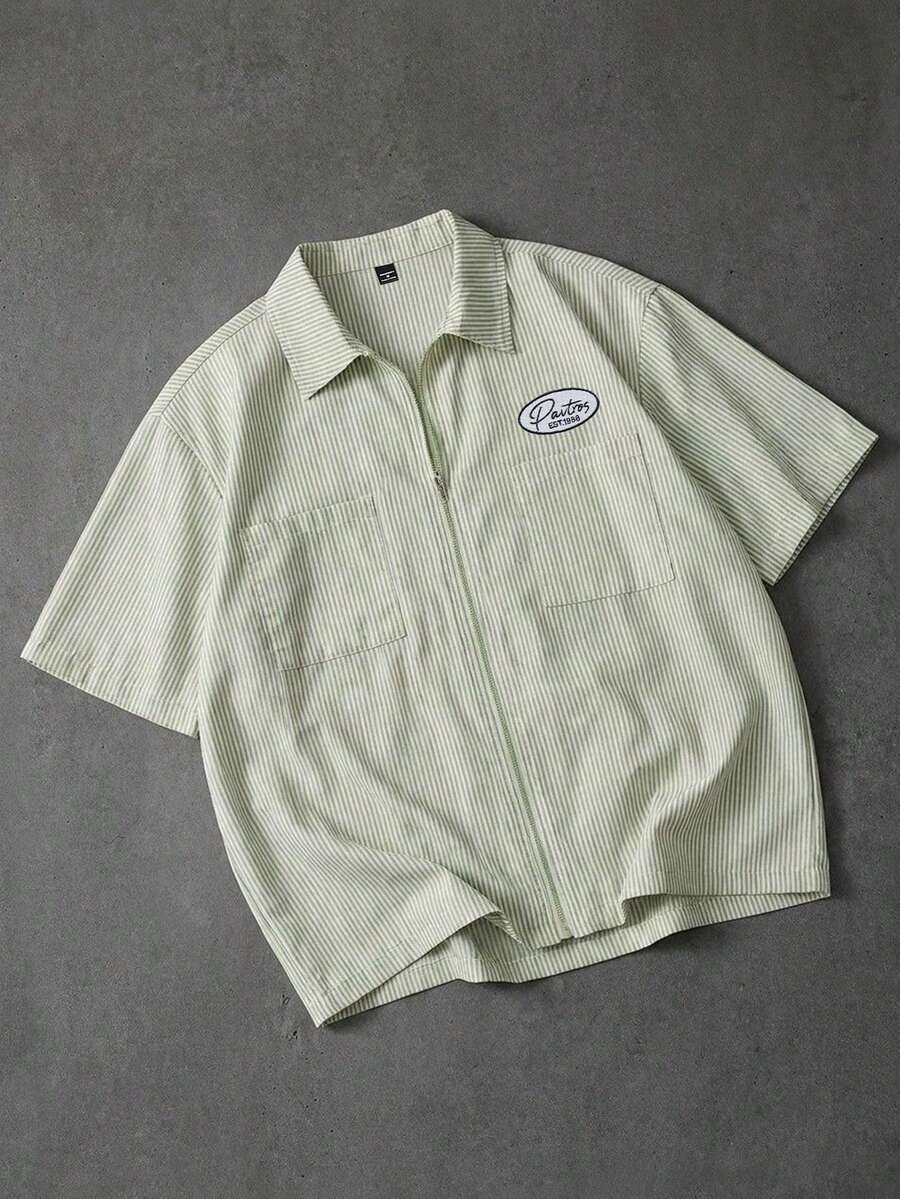 PAVTROS Áo sơ mi nam tay ngắn Pavtos phong cách đường phố, phong cách retro, thời trang, dáng rộng, tay ngắn vai rớt, khóa kéo phía trước, thiết kế túi tiện dụng, phong cách đường phố 90s, vải kẻ sọc mịn, trang trí thêu, dành cho người yêu thích phong cách đường phố/công sở, người hâm mộ, các cặp đôi yêu thích phong cách vintage, unisex, quà tặng ngày lễ, quà tặng cho bạn trai. - màu xanh lá - Xem 1
