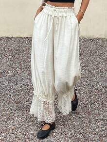 Livesso Women's Lace Patchwork Cream White Casual Pants,Drawstring Waist Boho Summer Holiday Vacation,Spring Picnic Beach,Music Festivals Wedding Commuting - White - View 6