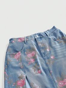 ROMWE Fairycore Váy denim dáng ôm xẻ tà dành cho nữ, in họa tiết hoa cổ điển, đã qua xử lý, cỡ lớn. - Màu xanh lam - Xem 8