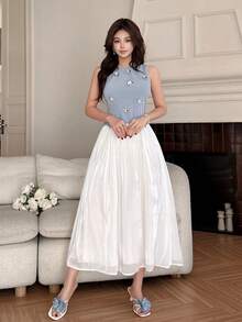 DAZY Women 3D Floral Decor Contrast Color Mid-Length Dress Summer Sundress - Grey - View 5