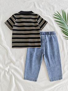 SHEIN Vintaside Kids 男童休闲翻领短袖上衣搭配时尚水洗牛仔裤套装，适合日常穿着、家庭露营、外出就餐或购物。 - 黑色 - 查看 2