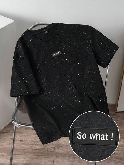 Manfinity Joysei Camiseta de manga corta casual con brillo y parche con la frase "So What" para hombres, adecuada para el verano, puede ser un regalo para amigos