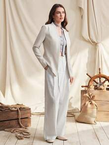 Zovinel New Linen Stand Collar Long Sleeve Women's Blazer Jacket, Commuting Style - Beige - View 4